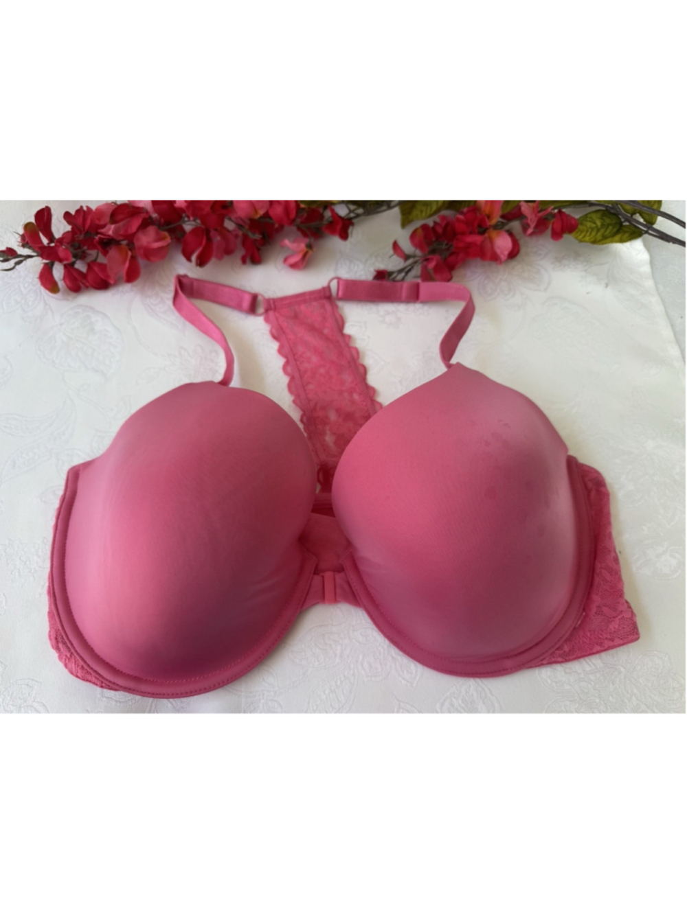Victoria’s Secret Lined Demi Front Close Bra 38DD Pink Lace T Back